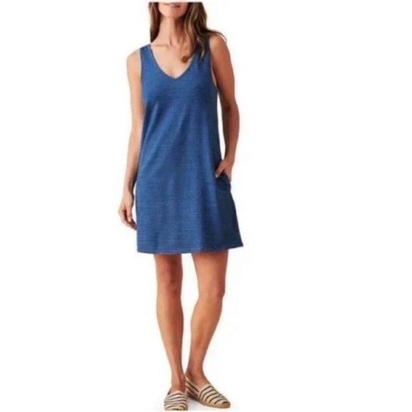 Faherty Mini Shift Dress Sleeveless Tank V Neck Cotton Indigo Blue Size Medium - Picture 4 of 11